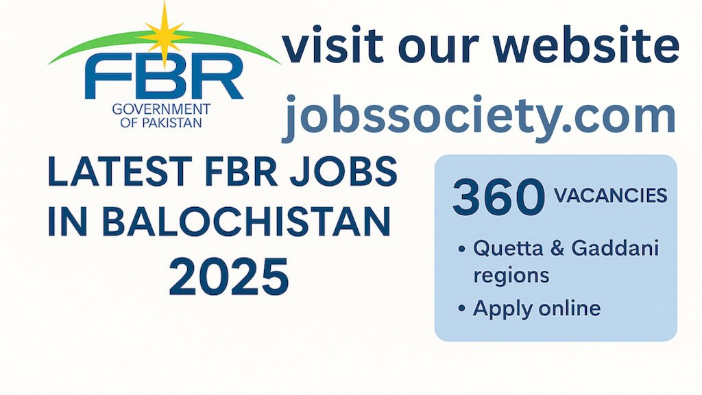 Official banner for Latest FBR Sepoy Jobs in Balochistan 2025 – 360 vacancies in Quetta & Gaddani, apply online via jobssociety.com
