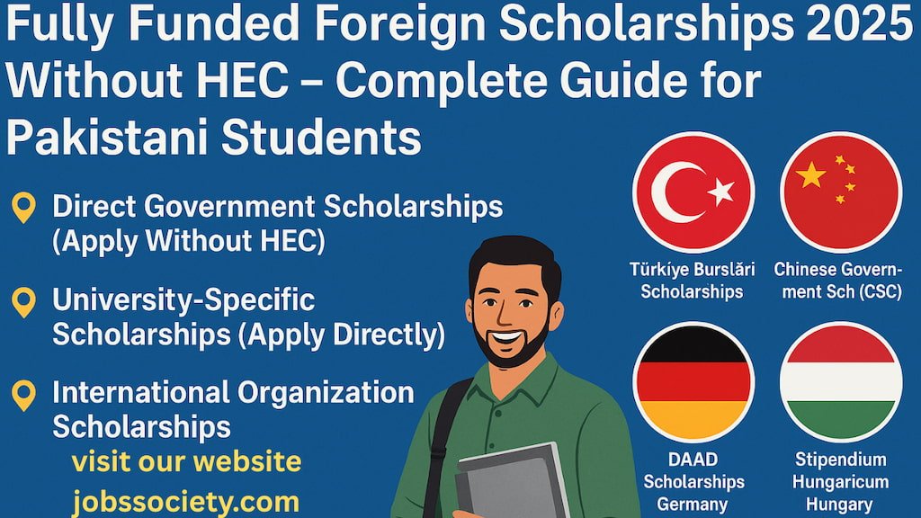 Infographic on Fully Funded Foreign Scholarships 2025 without HEC for Pakistani students, showing types of scholarships and country flags