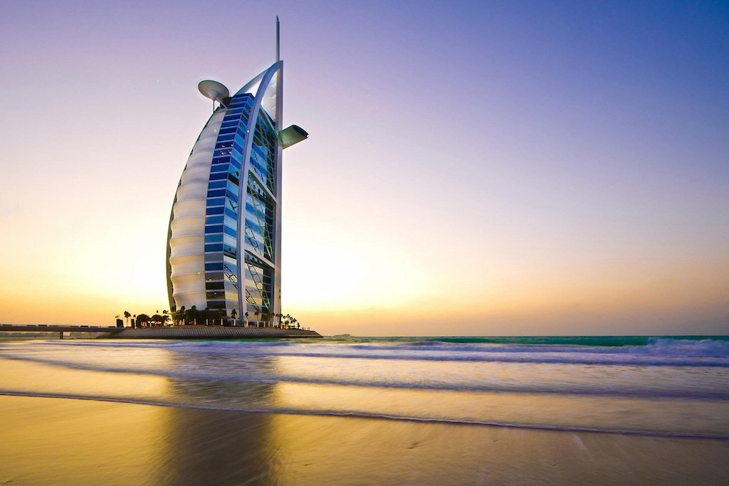 Burj Al Arab at sunset in Dubai – a city full of opportunities for students seeking remote jobs