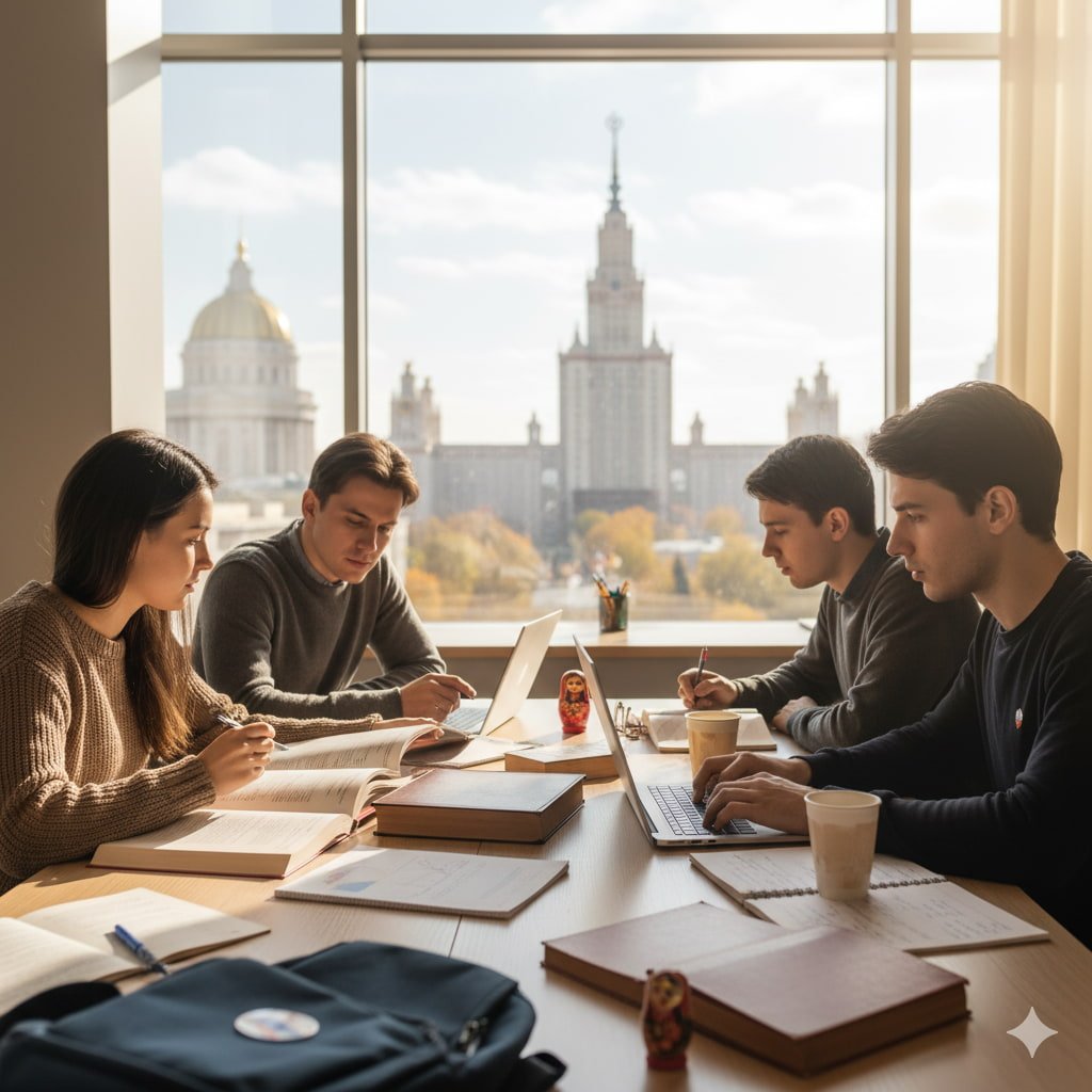 International students studying together at a university in Russia with books and laptops, preparing for Open Doors Scholarship russia  2026
